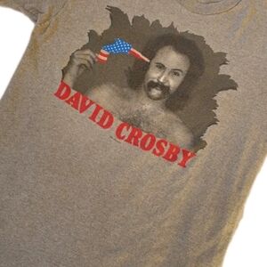 Anvil Gray David Crosby Tee with Red Text and Blue Accent